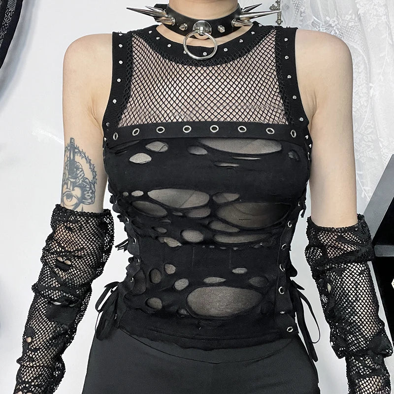 Gothic Y2K Distressed Fishnet Grommet Sleeveless Top