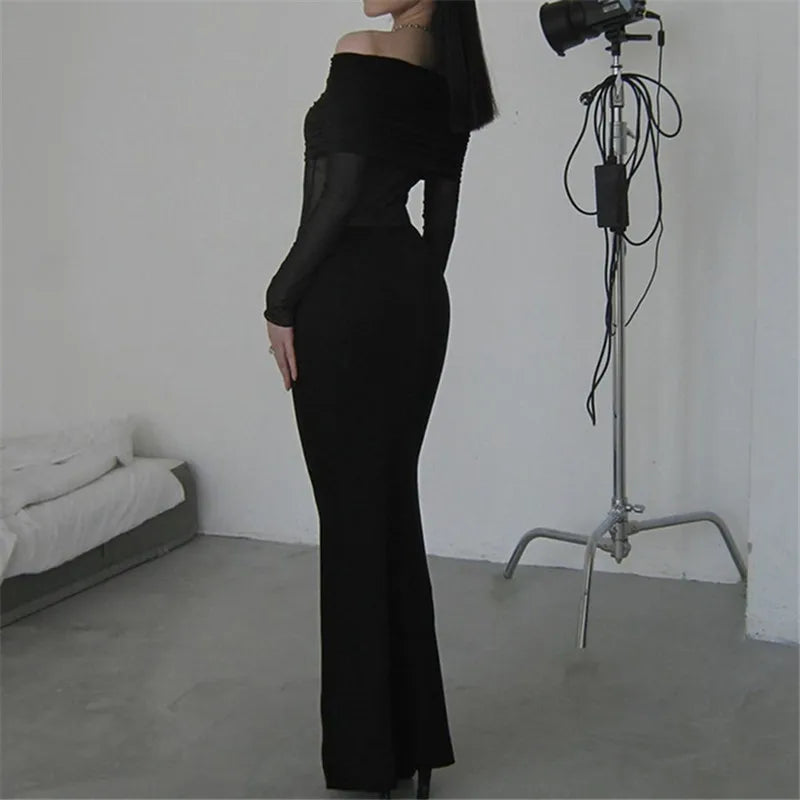 Gothic Romantic Off Shoulder Mesh Patchwork Long Sleeves Long Dress