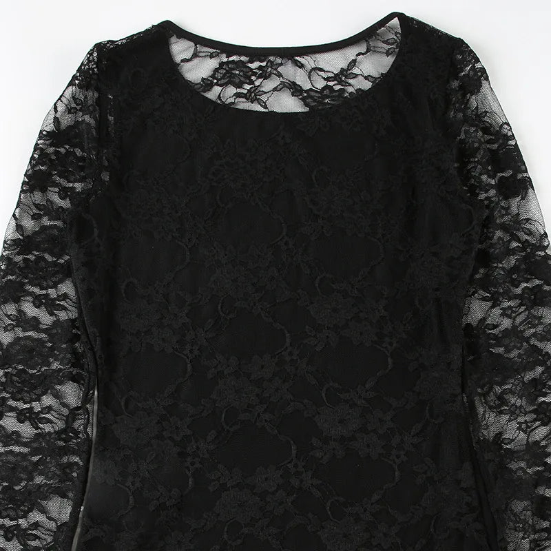 Gothic Alt Goth Lace Sleeves Sheer Back Shirt Top