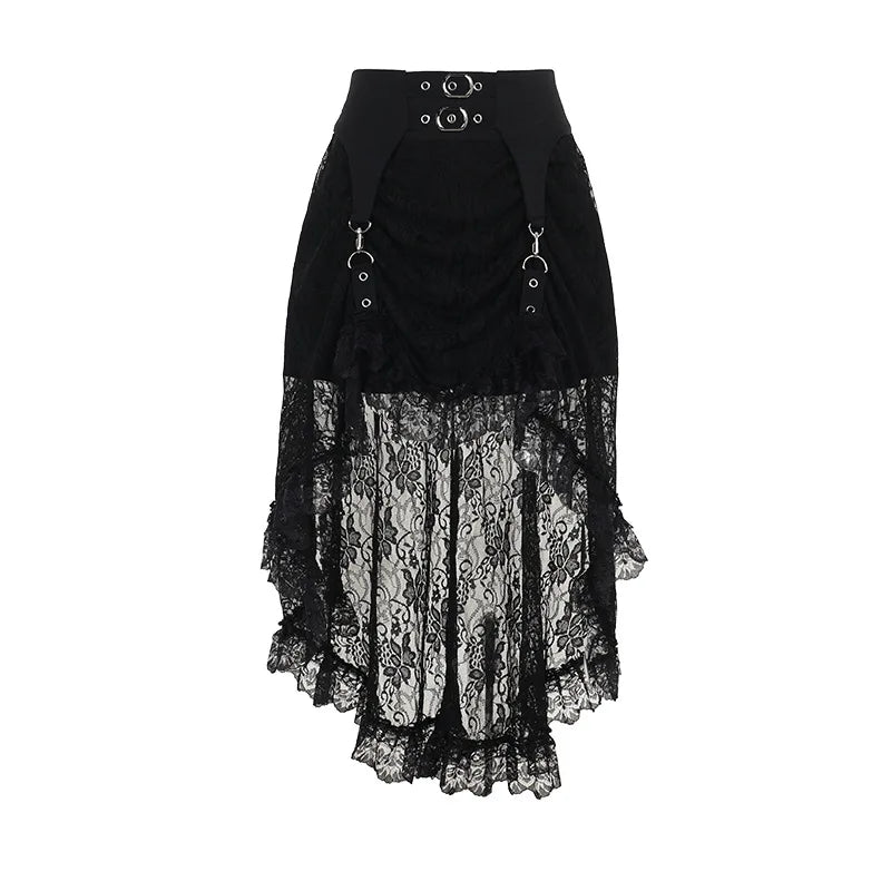 Alt Gothic Victorian Romantic Lace Mesh Irregular Hem Buckle Skirt