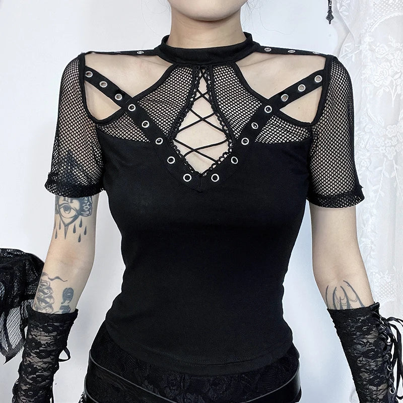 Gothic Fishnet Grommet Cut Out Short Sleeve Top