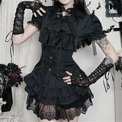 Gothic Victorian Romantic Ruffles Lace Patchwork Short Sleeve Blouse Top