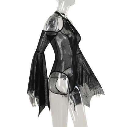 Gothic Alt Mesh Spider Web Cold Shoulder Bat Sleeves Bodysuit Top