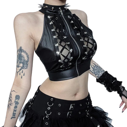 Alt Gothic Lace Up Zip Up Crop Tank Top Vest