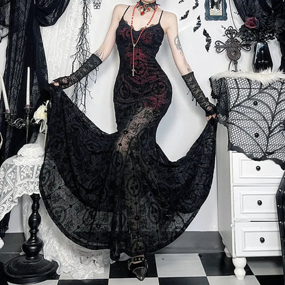 Gothic Alt Goth Dark Vintage Sheer Overlay Spaghetti Strap Dress
