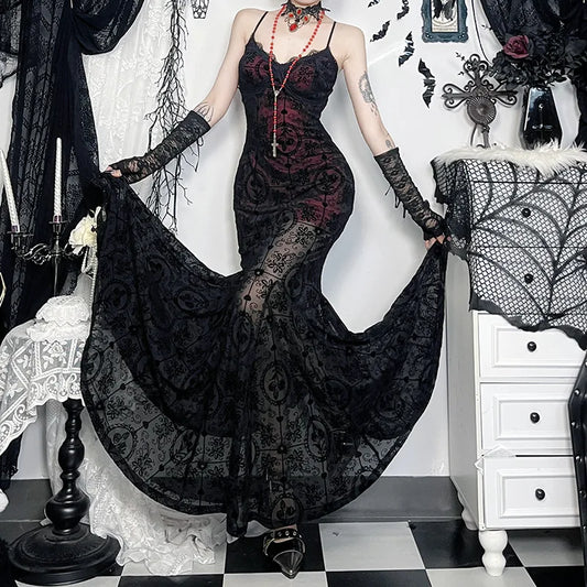 Gothic Alt Goth Dark Vintage Sheer Overlay Spaghetti Strap Dress