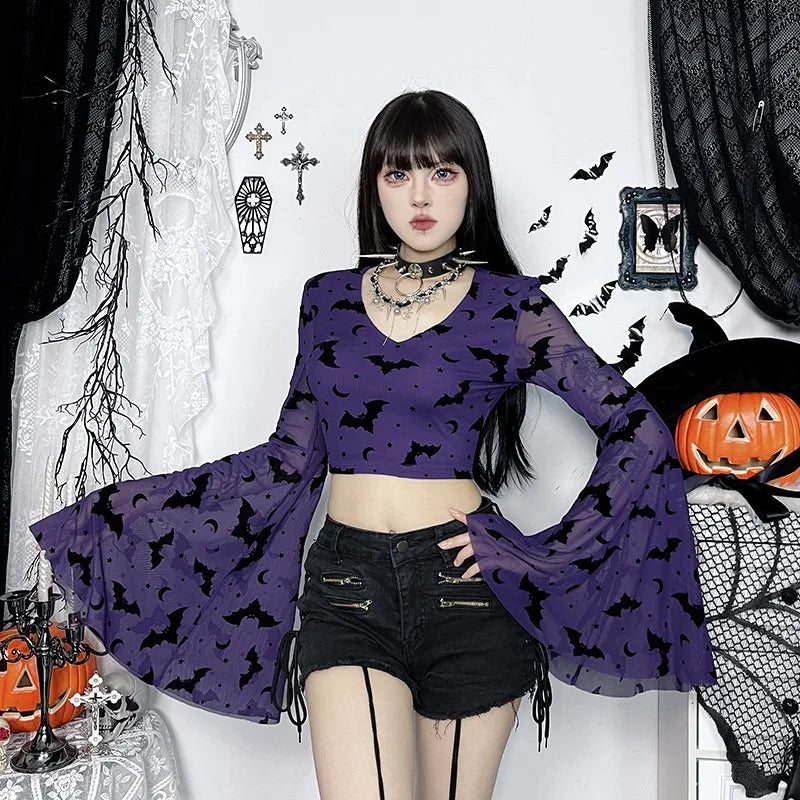 Gothic Alt Goth Batwing Flock V-neck Long Sleeve Top