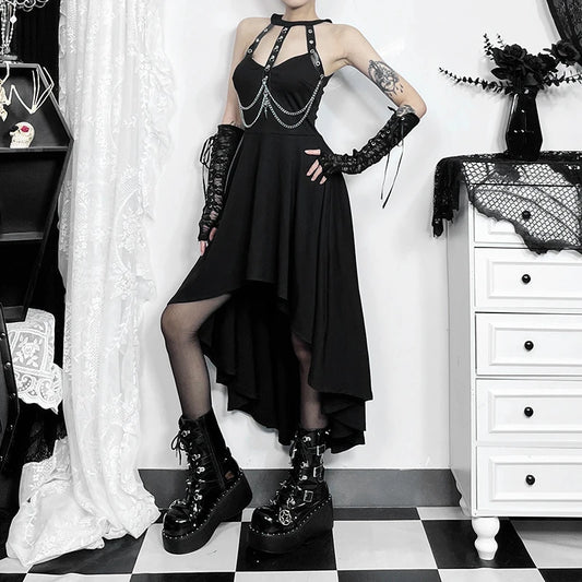 Gothic 90s Goth Faux Chain Body Harness Halter Dress