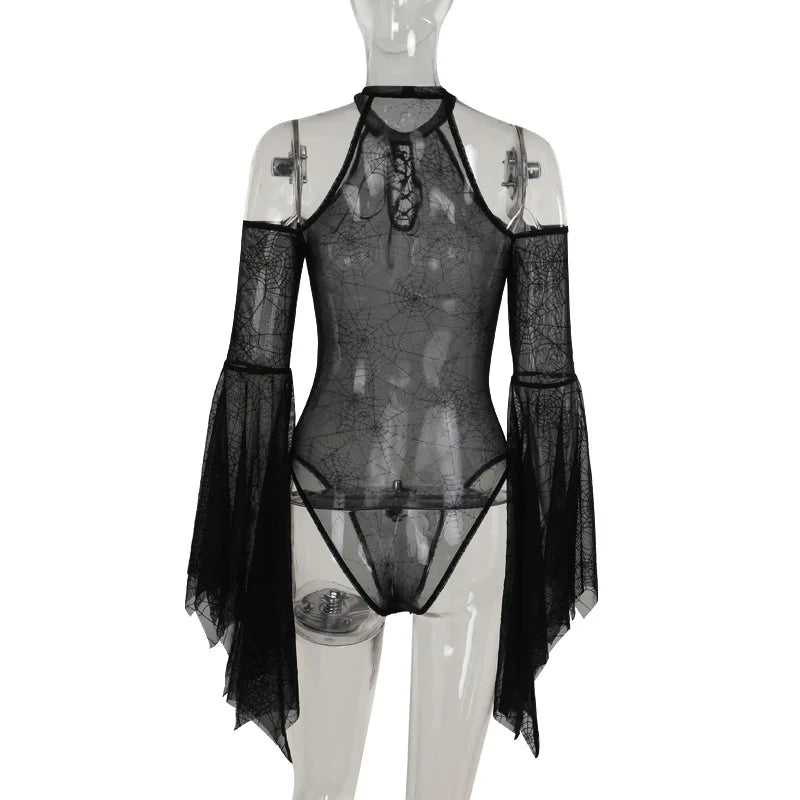 Gothic Alt Mesh Spider Web Cold Shoulder Bat Sleeves Bodysuit Top