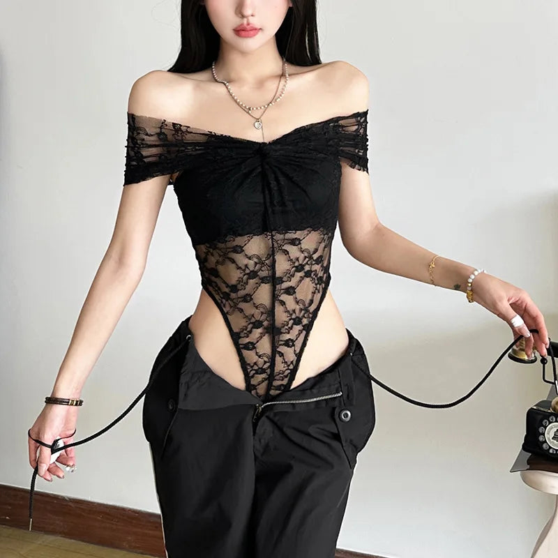 Gothic Alt Goth Off Shoulder Lace Mesh Bodysuit Top