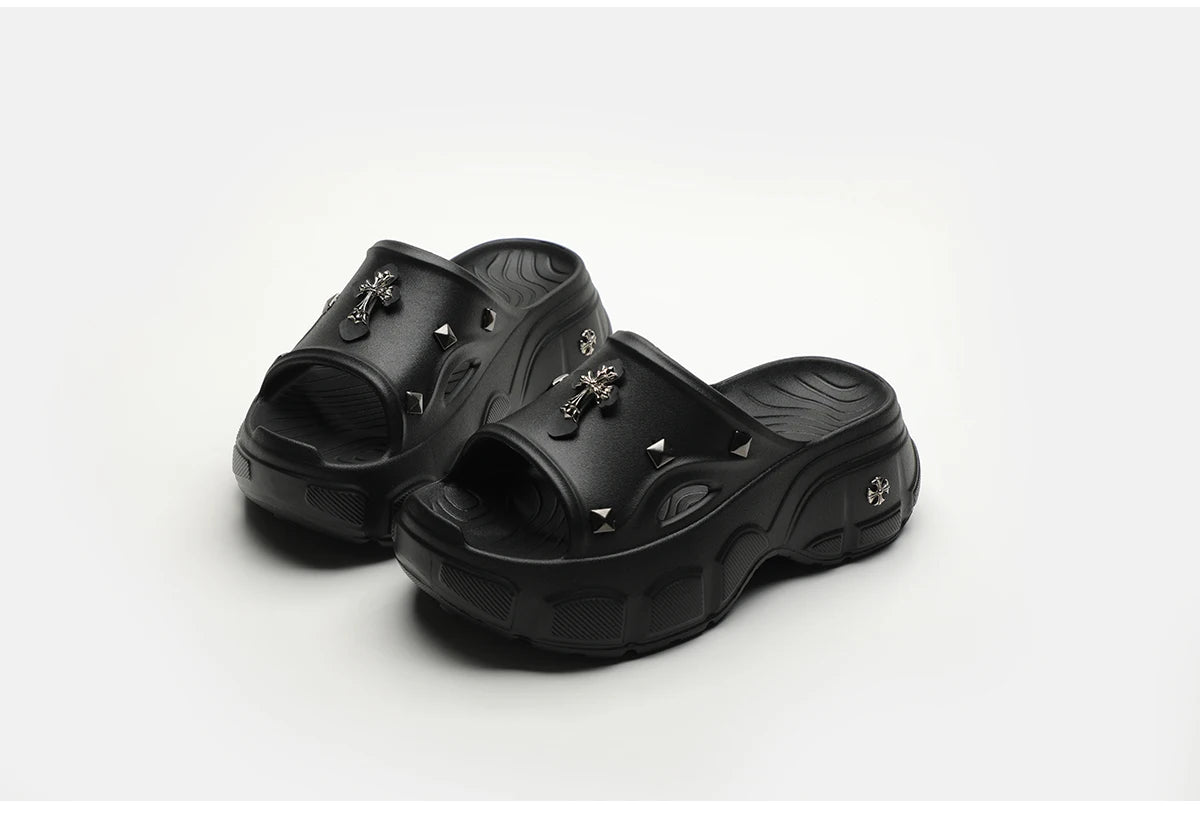 Gothic Alt Goth Cross Outdoor Platform Slippers Sandals (available in 3 colors)