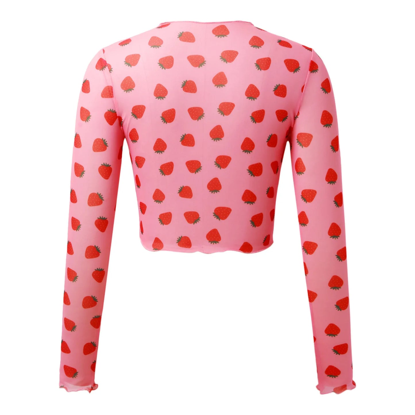 Y2K Strawberry Print Pink Mesh Long Sleeve Shirt Top