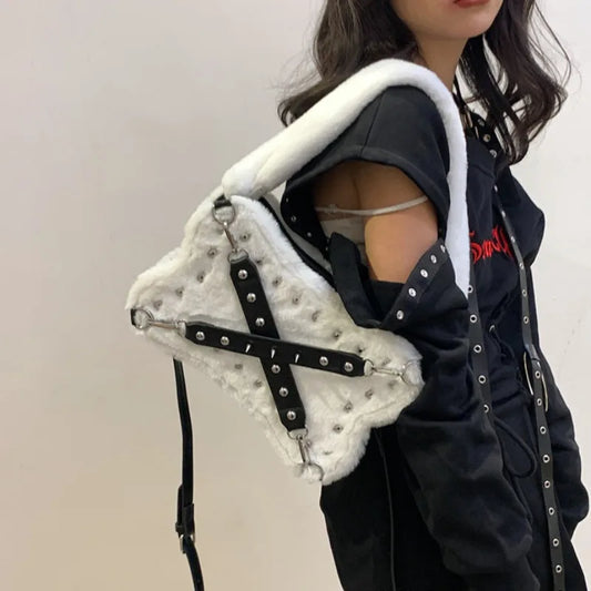 Gothic Alt Goth Y2K Bone Plush Studded Crossbody Shoulder Bag (available in 2 colors)
