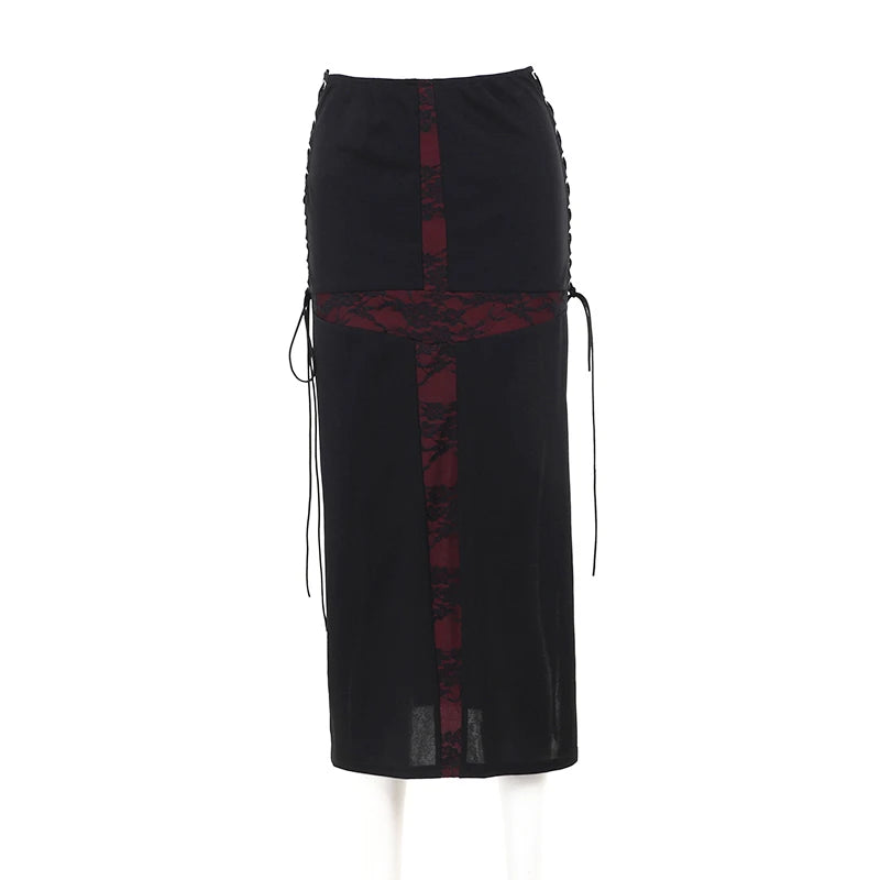 Gothic Y2K 90s Goth Cross Splicing High Slit Midi Skirt