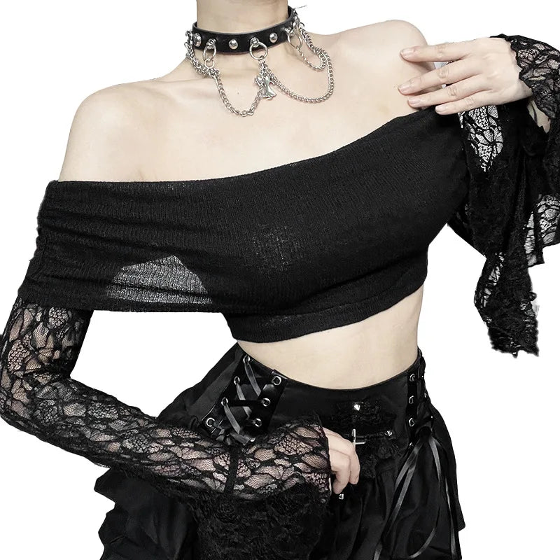 Gothic Alt Goth Off Shoulder Lace Sleeves Crop Top