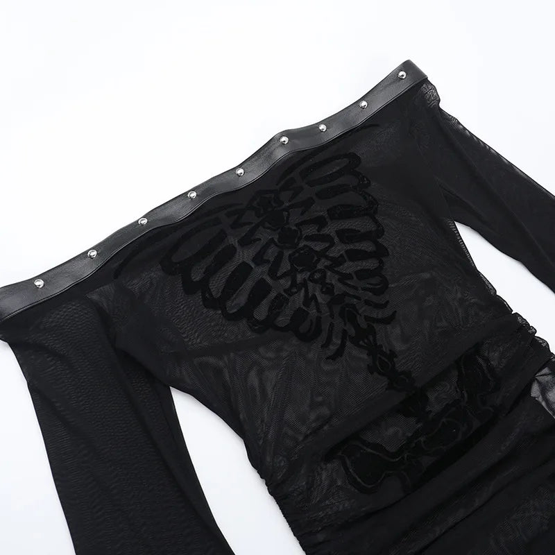 Gothic Alt Goth Off Shoulder Skeleton Print Flare Sleeve Top