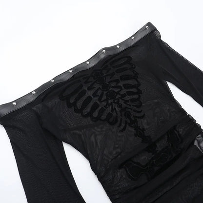 Gothic Alt Goth Off Shoulder Skeleton Print Flare Sleeve Top