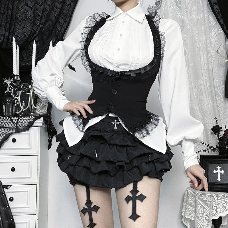 Gothic Alt Goth Halter Lace Trim Corset Waist Coat Top