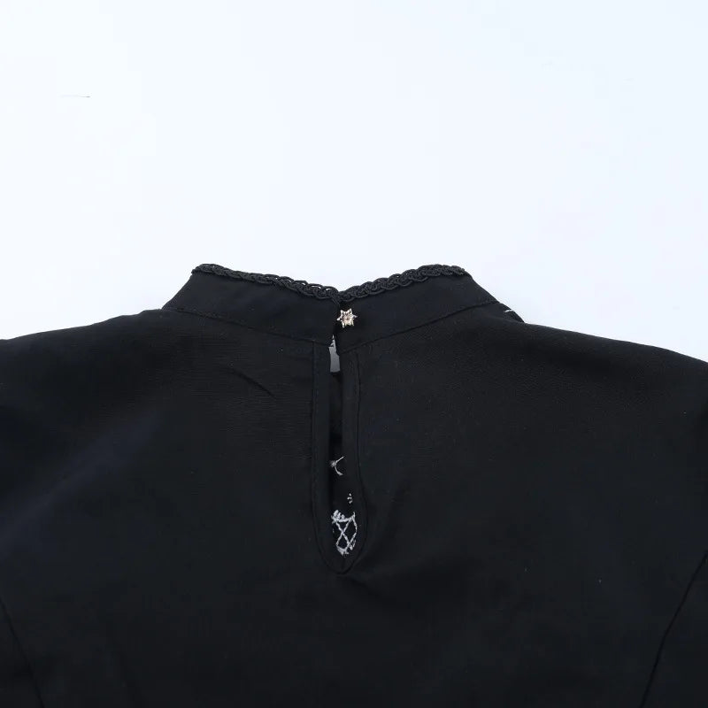 Gothic Moon Cathedral Embroidery Lace Trim Puff Sleeve Top