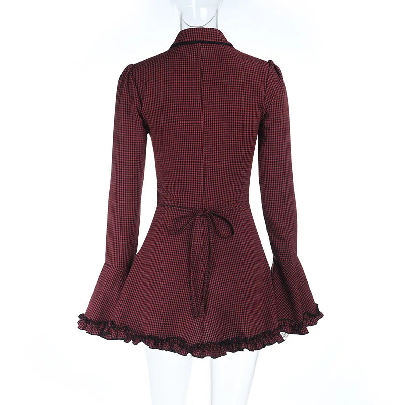 Gothic Alt Goth Red Plaid Flare Sleeve Collared Shirt Dress
