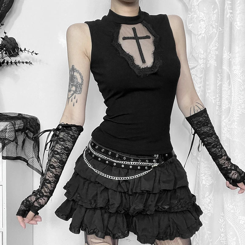 Gothic Coffin Shaped Sheer Cross Patchwork Sleeveless Top