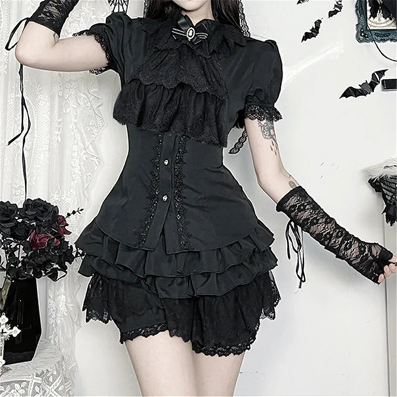 Gothic Victorian Romantic Ruffles Lace Patchwork Short Sleeve Blouse Top