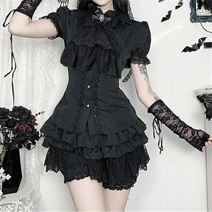 Gothic Victorian Romantic Ruffles Lace Patchwork Short Sleeve Blouse Top