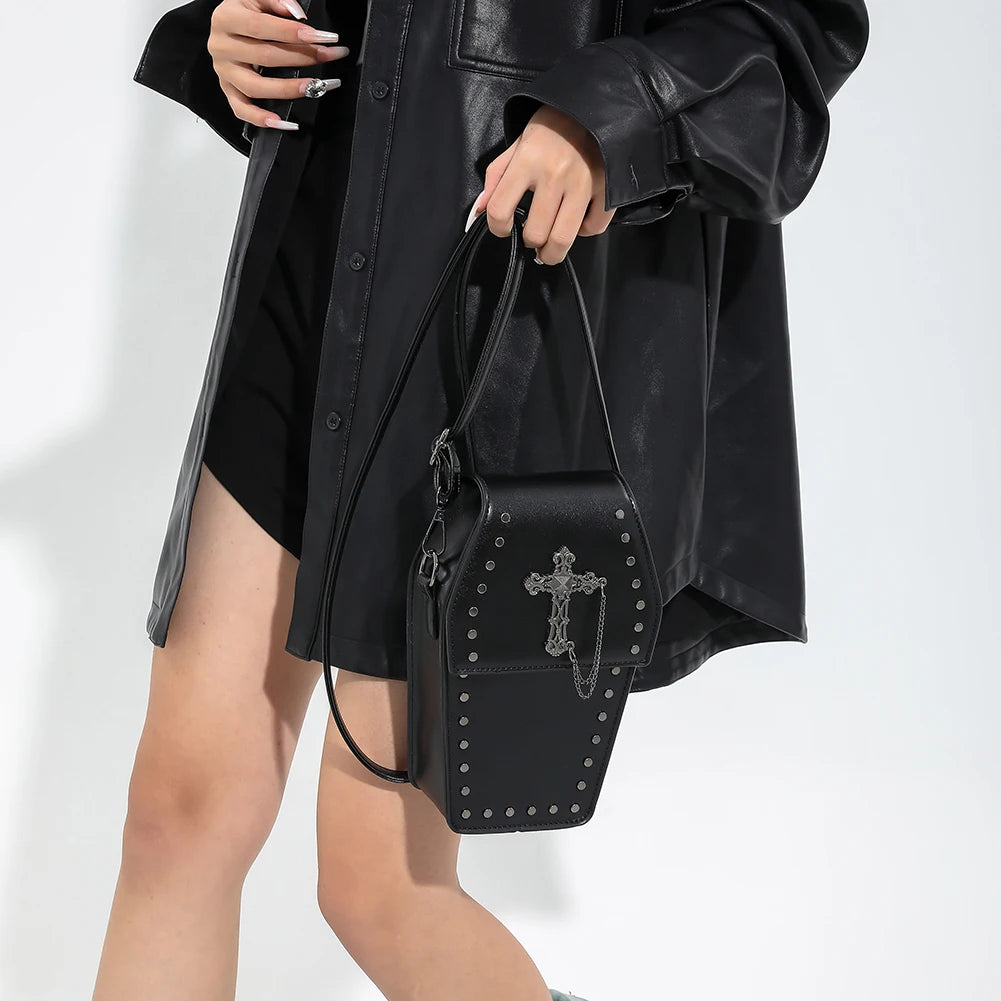 Gothic Cross Coffin Shaped PU Leather Crossbody Bag