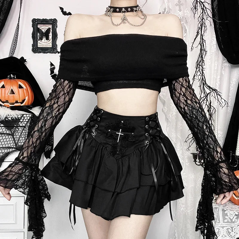 Gothic Alt Goth Off Shoulder Lace Sleeves Crop Top