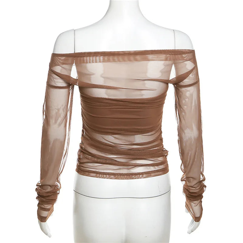 Gothic Alt Goth Off Shoulder Sheer Mesh Long Sleeve and Inner Tube Top Set