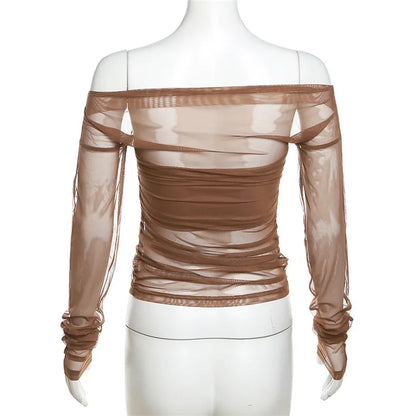 Gothic Alt Goth Off Shoulder Sheer Mesh Long Sleeve and Inner Tube Top Set