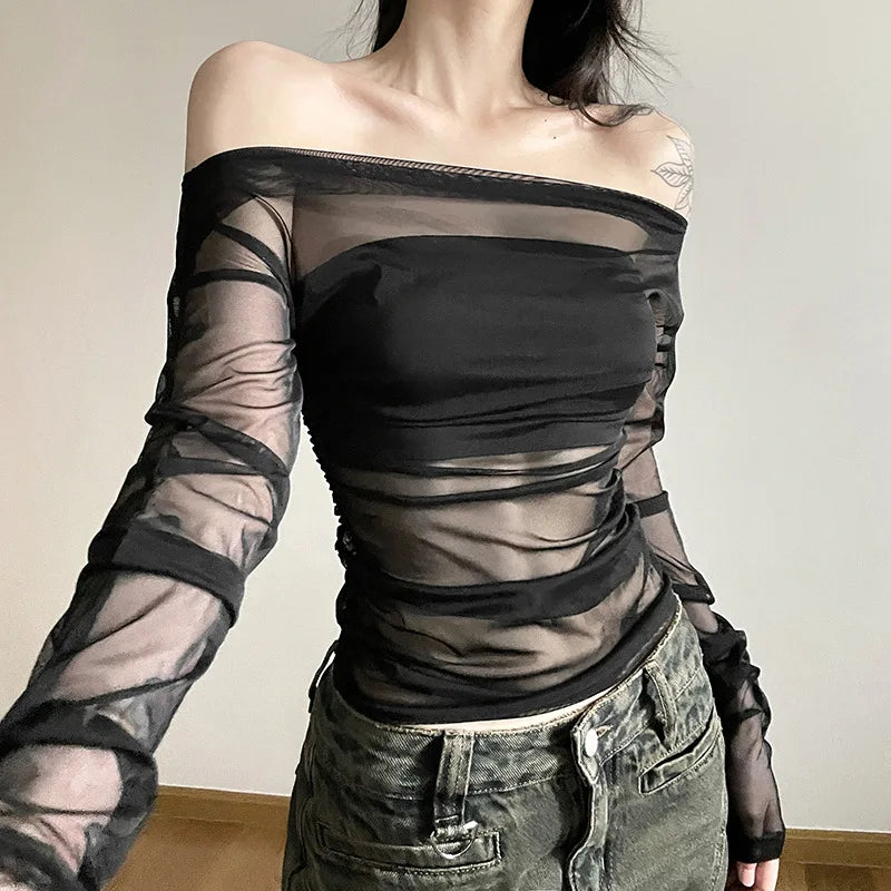 Gothic Alt Goth Off Shoulder Sheer Mesh Long Sleeve and Inner Tube Top Set