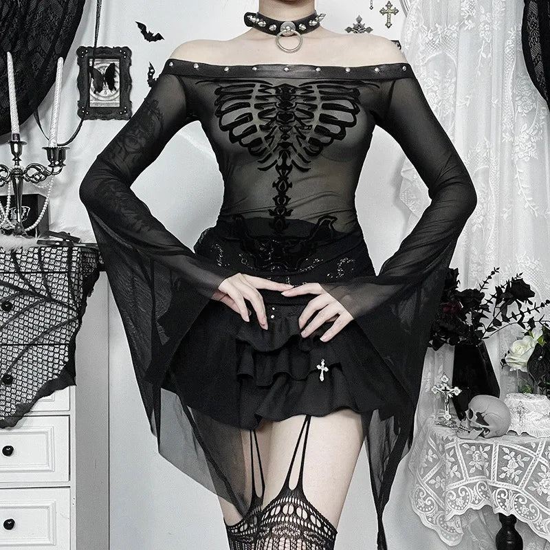 Gothic Alt Goth Off Shoulder Skeleton Print Flare Sleeve Top