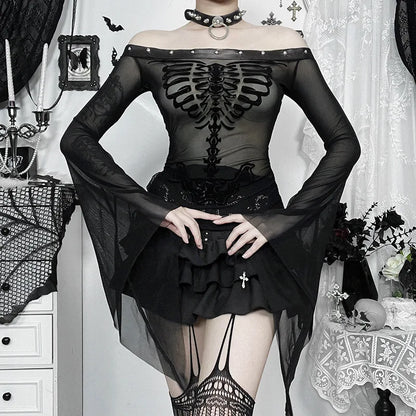 Gothic Alt Goth Off Shoulder Skeleton Print Flare Sleeve Top