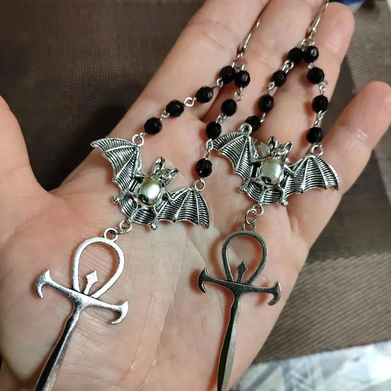 Gothic Vampire Goth Ankh Cross Bat Earrings