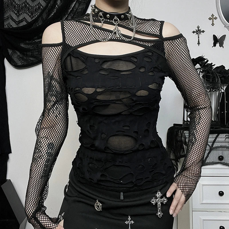 Gothic Fishnet Distressed Cold Shoulder Long Sleeve Top