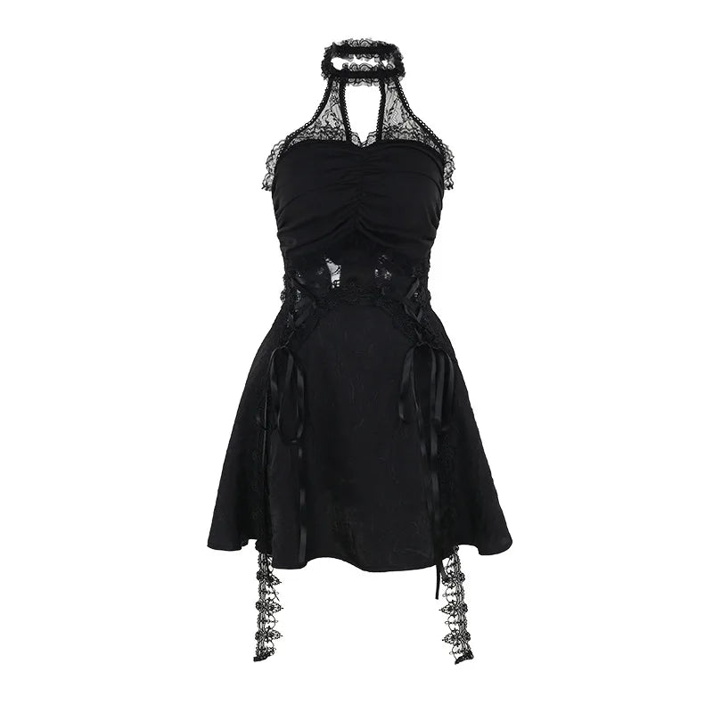 Gothic Romantic Alt Goth Lace Patchwork Ruched Halter Dress ROCK 'N DOLL Gothic Romantic Alt Goth Lace Patchwork Ruched Halter Dress ROCK 'N DOLL