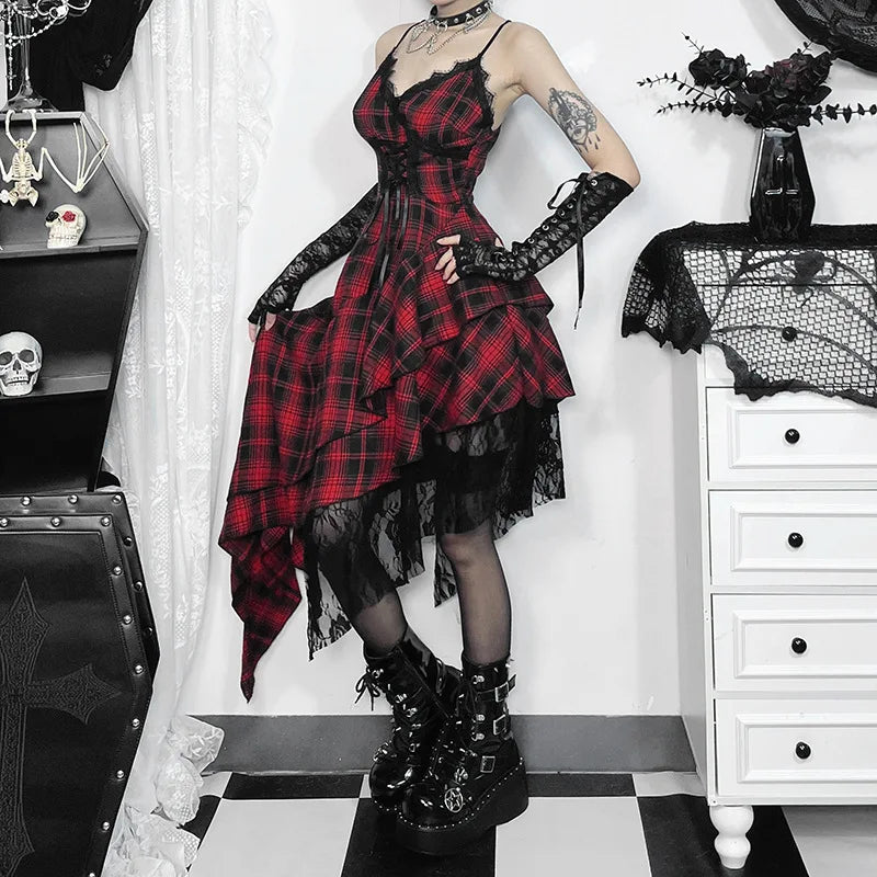 Gothic 90s Goth Red Plaid Lace Patchwork Irregular Hem Dress