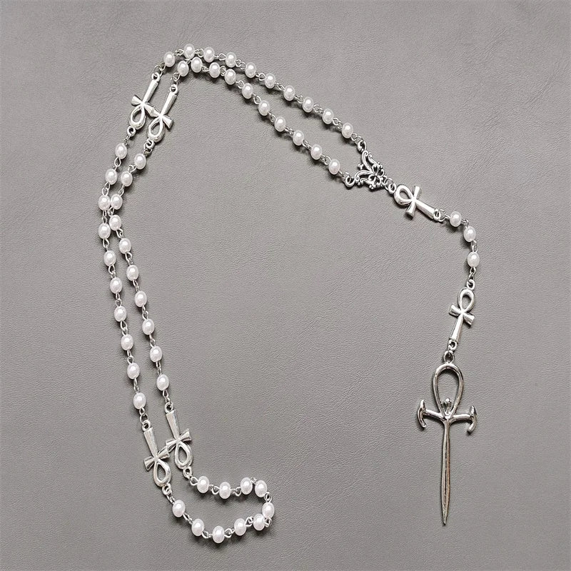 Gothic Ankh Cross Pearl Rosary Necklace