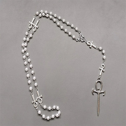 Gothic Ankh Cross Pearl Rosary Necklace