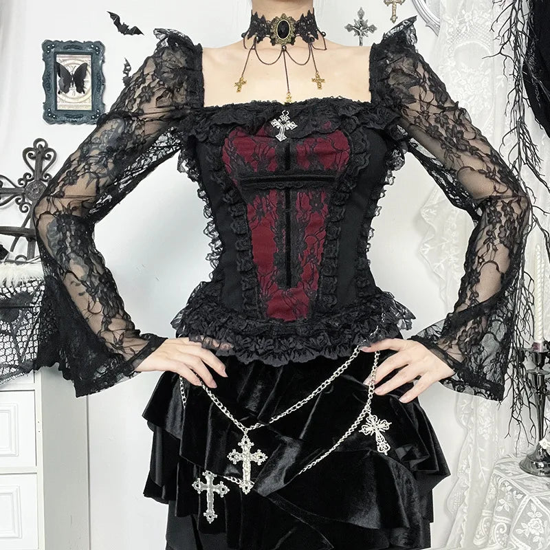 Gothic Cross Patchwork Lace Sleeves Romantic Goth Top