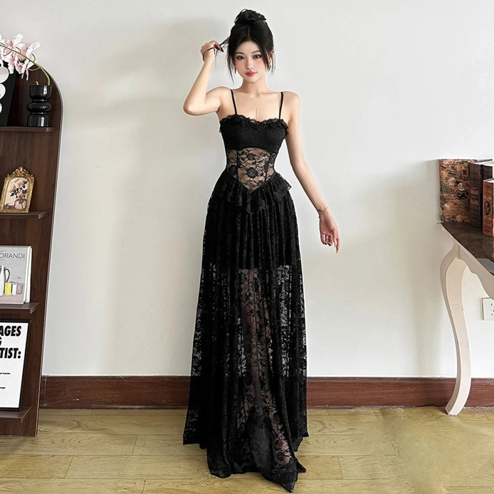 Gothic Lace Jacquard Patchwork Summer Spaghetti Strap Long Dress ROCK 'N DOLL Gothic Lace Jacquard Patchwork Summer Spaghetti Strap Long Dress ROCK 'N DOLL