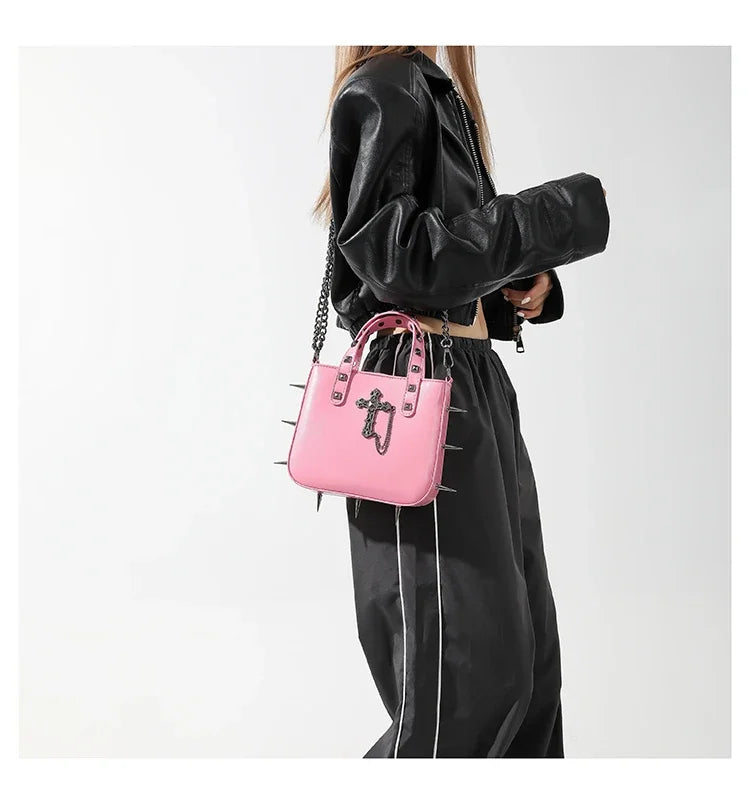 Gothic Alt Goth Cross Skull Spikes Chain Strap Crossbody Bag (available in 3 colors)