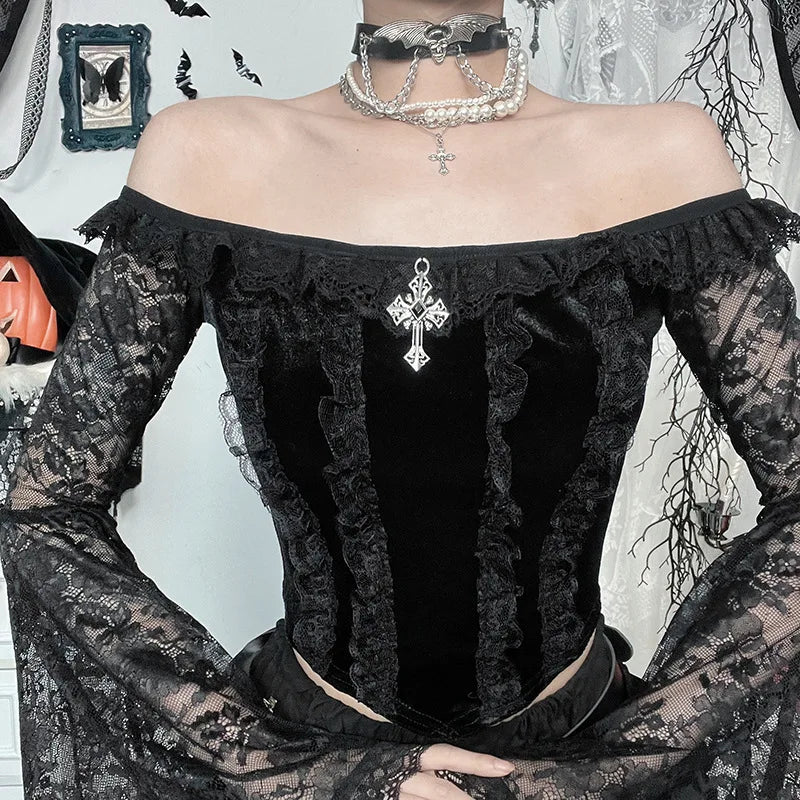 Gothic Romantic Goth Off Shoulder Bell Sleeve Lace Patchwork Top