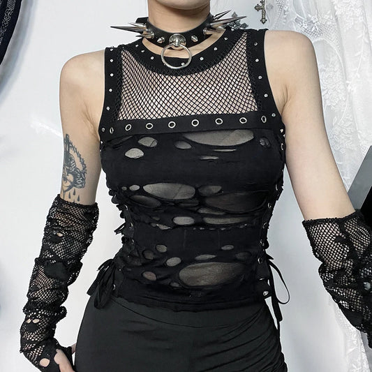 Gothic Y2K Distressed Fishnet Grommet Sleeveless Top