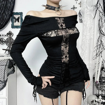 Gothic Alt Goth Cross Lace Patchwork Long Sleeve Top