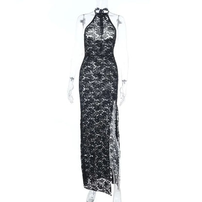 Gothic Alt Goth Halter Lace See Through High Slit Bodycon Long Dress