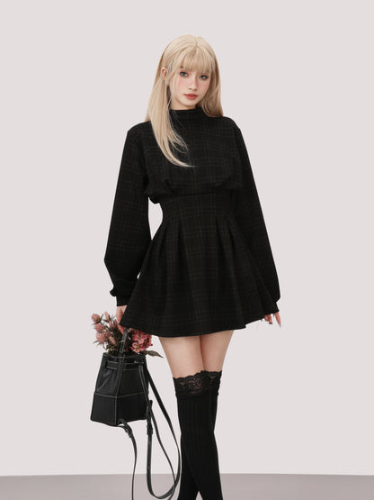 Alt Gothic Harajuku Plaid Lantern Sleeve Mini Dress