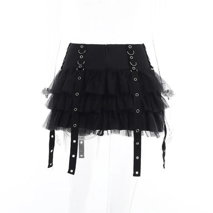Gothic Ruffles Mesh Splice Buckles Mini Skirt