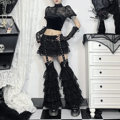 Gothic Alt Grommet Straps Ruffle Lace Mini Skirt